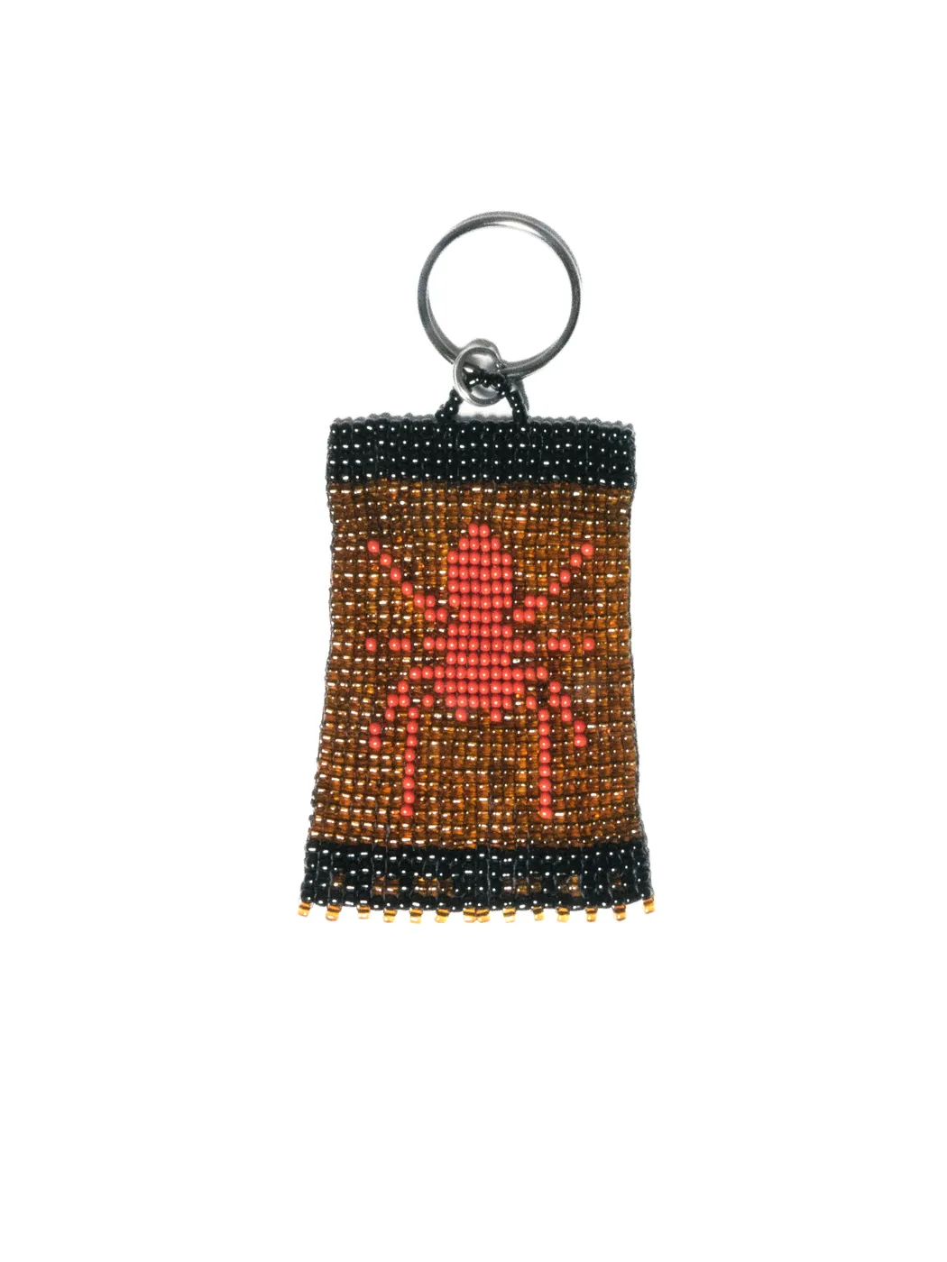 Brown and black beaded keyring with a red fire motif